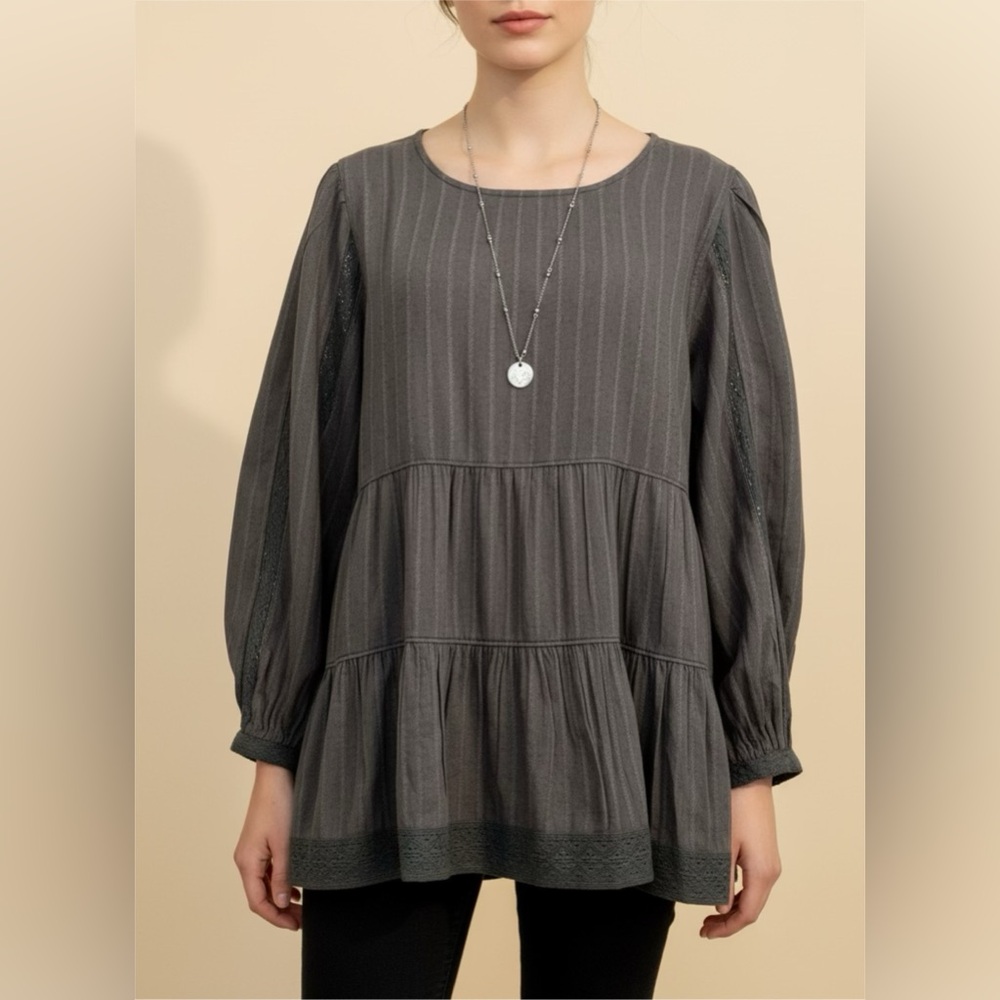 Lucky Brand Women’s Quarter Lace Babydoll Blouse - Gray